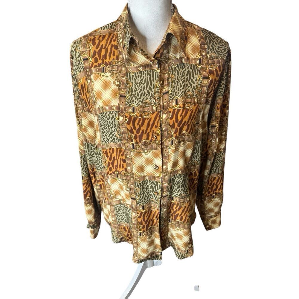 Allison Taylor Gray Brown 100% Silk Belt Buckle Animal Print Shirt Blouse Sz L